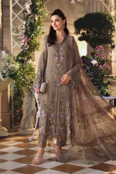Maria B 3 Piece Unstitched Embroidered Chiffon Suit MPC-26-102-Muted Mocha Brown