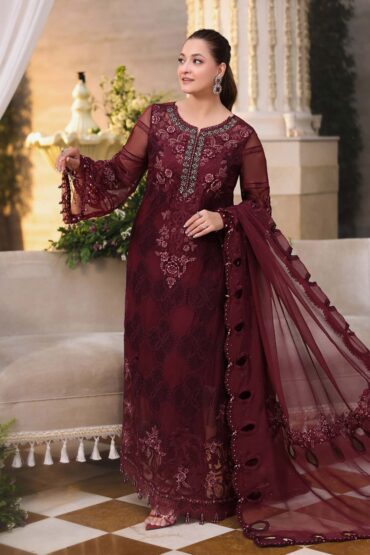 Maria B 3 Piece Unstitched Embroidered Chiffon Suit MPC-26-108-Burgundy