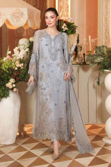 Maria B 3 Piece Unstitched Embroidered Chiffon Suit | MPC-26-206-Muted Blue