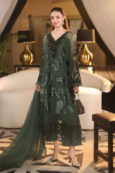 Maria B 3 Piece Unstitched Embroidered Chiffon Suit | MPC-26-207-Pine Green
